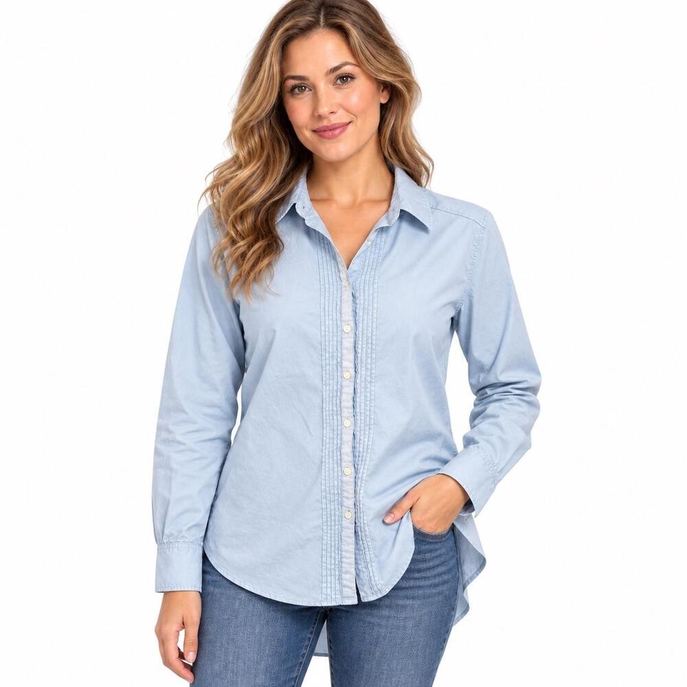 Sundance Shirt Womens Small Blue Cotton Pleated Button Front Long Sleeve Top